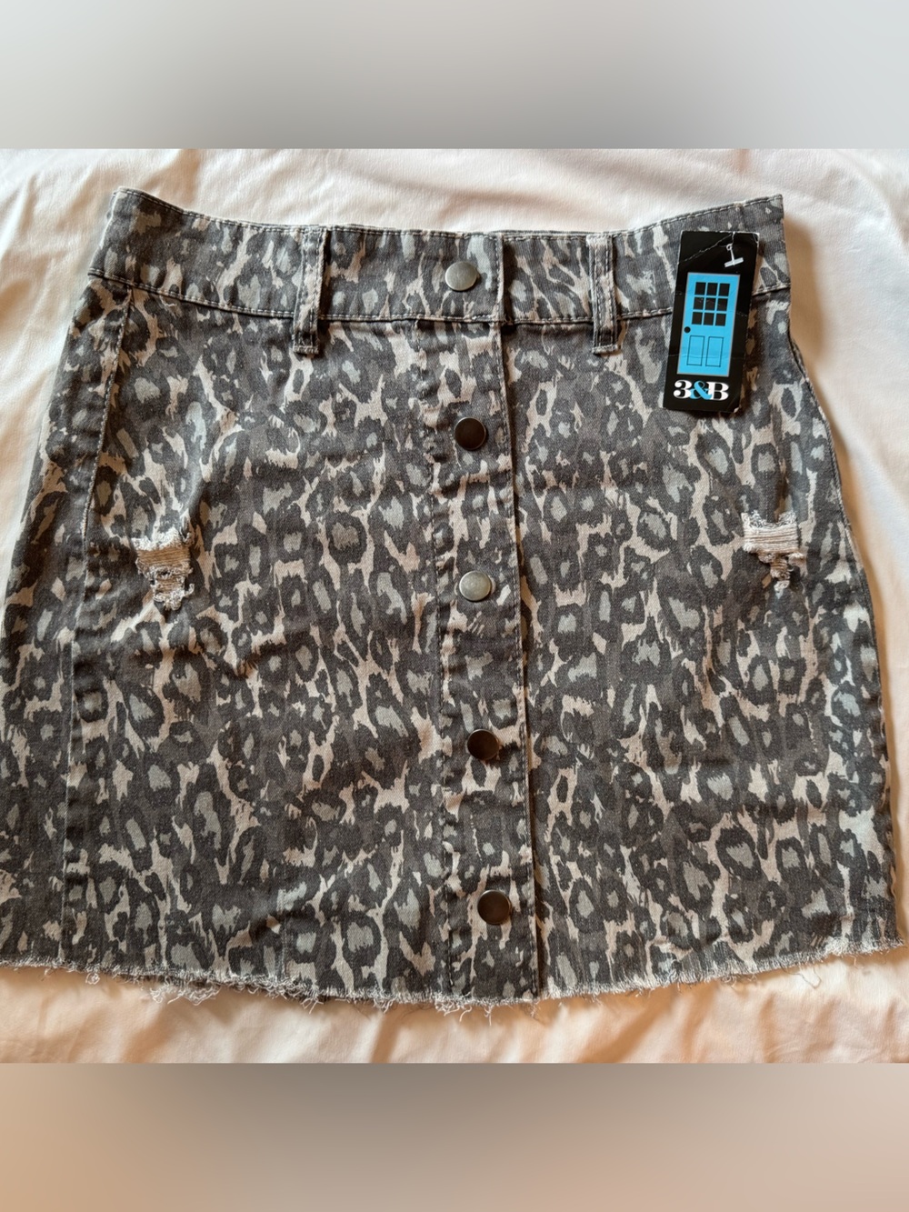 Grey Leopard Print Button-Front Denim Mini Skirt